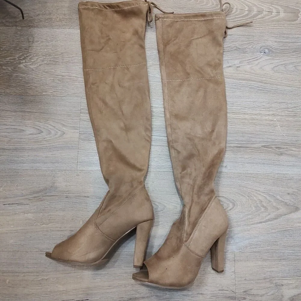 Forever Thigh High Boots Women 9 Brown Suede Open Peekaboo‎ Toe Over The Knee